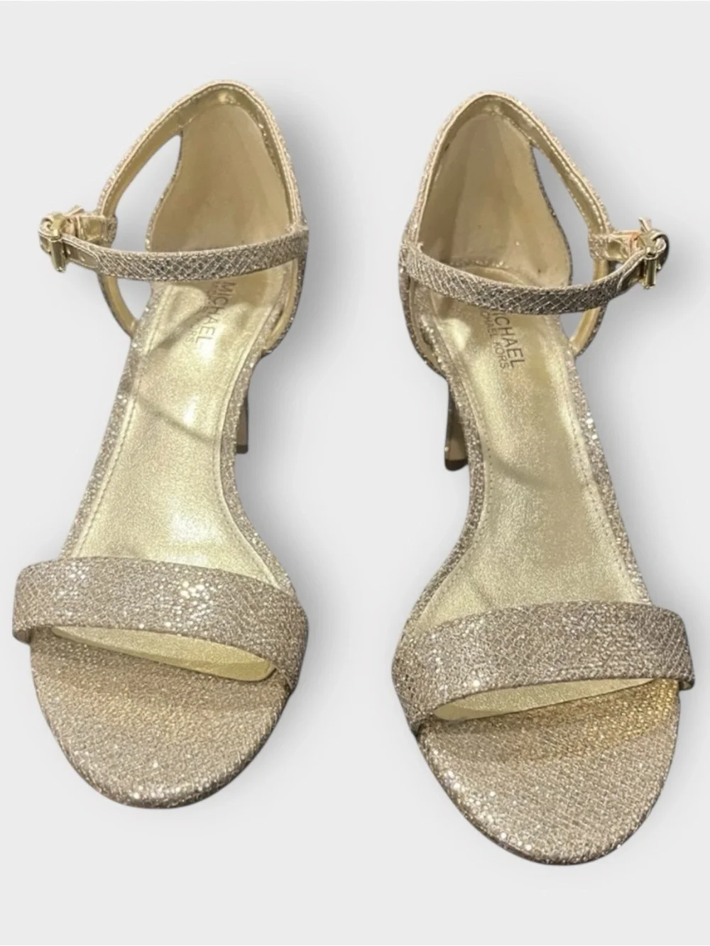 Michael Kors Gold Glitter Sandal Mid Heels Simone Ankle Strap | 6.5 Worn Once